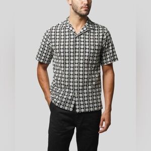 Portuguese Flannel Short Sleeve Black and White Embroidered Floral Shirt M